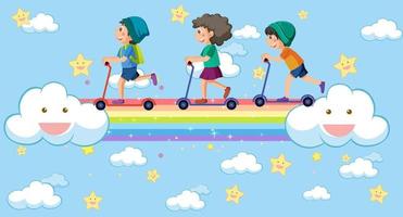 crianças felizes no céu com arco-íris vetor