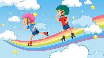crianças brincando de skate no céu de arco-íris vetor