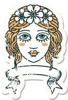 adesivo antigo usado com banner de rosto feminino com coroa de flores vetor