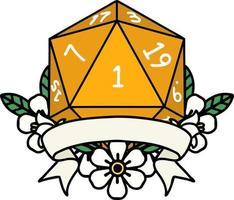 estilo de tatuagem retrô natural um d20 rolo de dados vetor