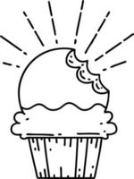 ilustração de um cupcake de estilo de tatuagem de trabalho de linha preta tradicional com mordida faltando vetor