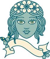 tatuagem tradicional com banner de rosto feminino com coroa de flores vetor