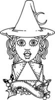 personagem de mago elfo de estilo de linha de tatuagem preto e branco com rolo natural de vinte dados vetor