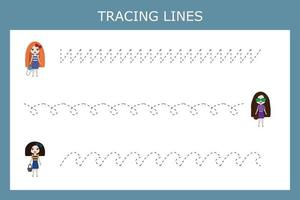 jogo de linhas de rastreamento com garotas bonitas, bonecas. planilha para crianças pré-escolares, folha de atividades para crianças, planilha para impressão vetor