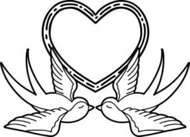 tatuagem em estilo de linha preta de andorinhas e um coração vetor