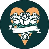 imagem de estilo de tatuagem icônica de um coração e banner com flores vetor