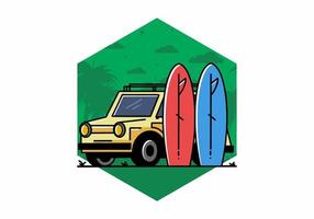 ilustração de carro pequeno e duas pranchas de surf vetor