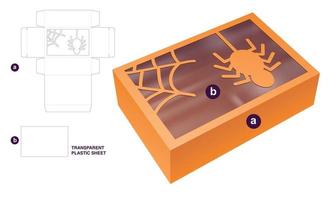 caixa e janela de halloween com modelo de corte e vinco de folha de plástico transparente e maquete 3d