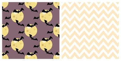 conjunto de padrões sem emenda de morcegos assustadores de halloween, voando ao redor da lua e linhas chevron. plano de fundo para a celebração do dia das bruxas, têxteis, papéis de parede, papel de embrulho, scrapbooking. vetor