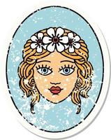 tatuagem de adesivo angustiado em estilo tradicional de uma donzela com coroa de flores vetor