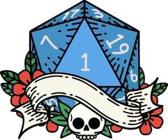 estilo de tatuagem retrô natural um d20 rolo de dados vetor