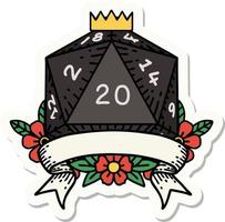 adesivo de uma rolagem de dados d20 natural de 20 acertos críticos vetor