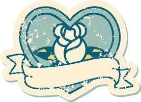 imagem icônica do estilo de tatuagem de adesivo angustiado de uma rosa de coração e banner vetor