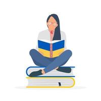 aluna ucraniana em uma camisa bordada, sentado com um livro ucraniano na natureza e folhas. conceito de educação on-line. ilustração vetorial. vetor