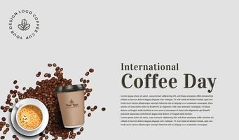 modelo de plano de fundo do dia internacional do café estilo simples 3d realista e limpo com xícara de café, retire café e grãos de café. vetor