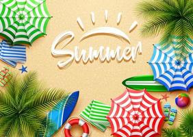 Olá banner de férias de verão. vista superior de folhas tropicais e coleções de elementos de praia em fundo de areia vetor