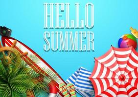 Olá banner de férias de verão. vista superior de folhas tropicais e coleções de elementos de praia em fundo azul vetor
