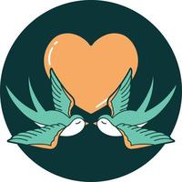 imagem de estilo de tatuagem icônica de andorinhas e um coração vetor