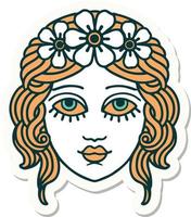 adesivo de tatuagem em estilo tradicional de rosto feminino com coroa de flores vetor