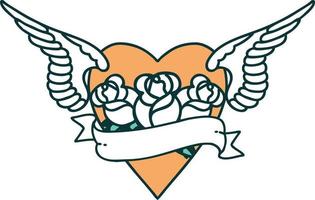 imagem de estilo de tatuagem icônica de coração com flores de asas e banner vetor