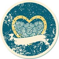 imagem icônica do estilo de tatuagem de adesivo angustiado de um coração e banner com flores vetor