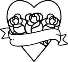 tatuagem em estilo de linha preta de um coração e banner com flores vetor