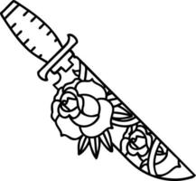 tatuagem em estilo de linha preta de um punhal e flores vetor