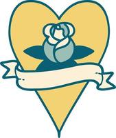 imagem de estilo de tatuagem icônica de uma rosa de coração e banner vetor