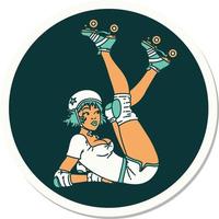 adesivo de tatuagem em estilo tradicional de uma garota pinup roller derby vetor