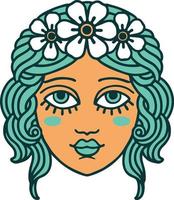imagem de estilo de tatuagem icônica de rosto feminino com coroa de flores vetor