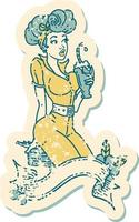 tatuagem de adesivo angustiado no estilo tradicional de uma garota pinup bebendo um milk-shake com banner vetor