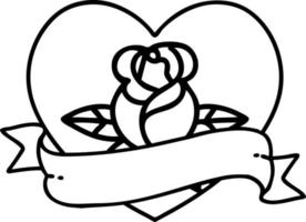tatuagem em estilo de linha preta de uma rosa de coração e banner vetor