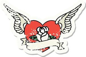 tatuagem de adesivo angustiado em estilo tradicional de um coração voador com flores e banner vetor