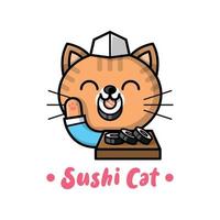 gato fofo está mordendo um sushi e usando o logotipo dos desenhos animados de chapéu de chef japonês vetor