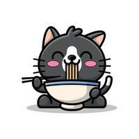 um gato preto fofo está comendo uma tigela de ilustração de desenhos animados de macarrão ramen vetor