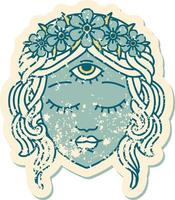 imagem icônica do estilo de tatuagem de adesivo angustiado do rosto feminino com terceiro olho e coroa de flores vetor