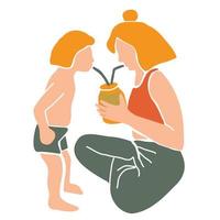mãe e filho bebendo por canudos juntos. ilustração vetorial desenhada à mão em estilo abstrato minimalista vetor