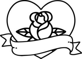 tatuagem de linha preta de uma rosa de coração e banner vetor