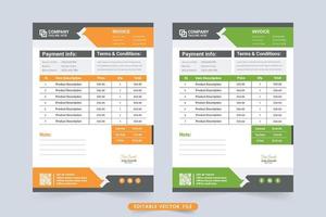 acordo de pagamento e vetor de modelo de fatura com cores verdes e laranja. fatura de negócios e design de comprovante de compra de produto com formas abstratas. decoração profissional de recebimento de dinheiro.