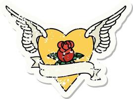 tatuagem tradicional de adesivo angustiado de um coração com asas uma rosa e banner vetor