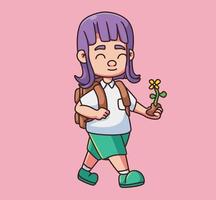 estudante bonito traz uma flor na escola. ilustração de pessoa isolada dos desenhos animados. vetor de elemento de adesivo de estilo simples