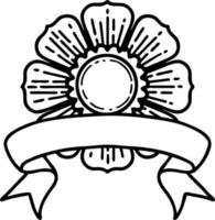 tatuagem de linha preta com banner de uma flor vetor