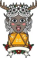 personagem druida elfo estilo tatuagem retrô com rolo natural de 20 dados vetor