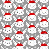 sem costura padrão com desenhos de coelho com chapéu vermelho. chapéu de Papai Noel, flocos de neve e ilustração vetorial de fundo de coelho. vetor