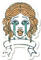 adesivo velho usado com banner de um rosto feminino chorando muito feliz vetor