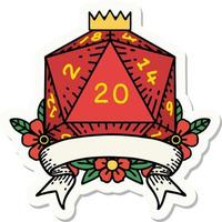 adesivo de uma rolagem de dados d20 natural de 20 acertos críticos vetor