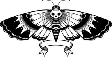 tatuagem de linha preta tradicional com banner de uma mariposa de cabeça de morte vetor