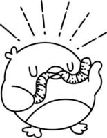 ilustração de um estilo de tatuagem de trabalho de linha preta tradicional robin com worm vetor