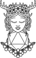 personagem de druida elfo de estilo de linha de tatuagem preto e branco com rolo de vinte dados nautral vetor