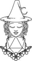 personagem de mago elfo de estilo de linha de tatuagem preto e branco com rolo natural de vinte dados vetor
